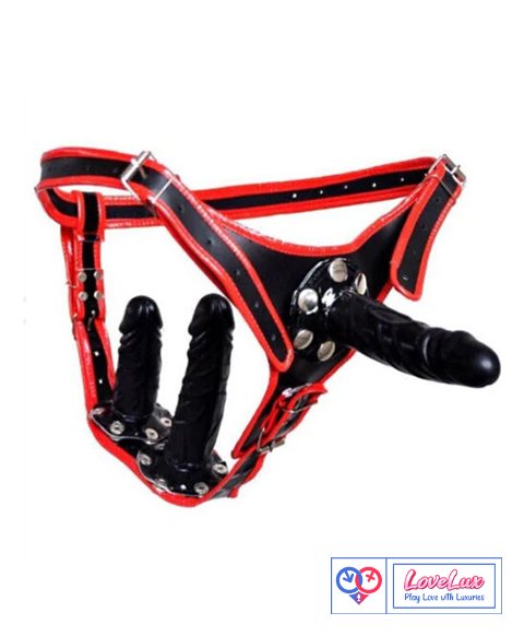 3 Dildos Red Strap On Harness
