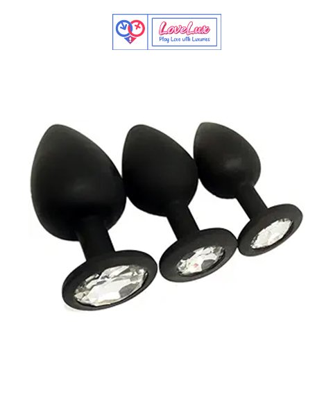 Elite 3PCS Silicone Jeweled Anal Butt Plugs Anal Trainer Set, Black SIL with Clear Gem