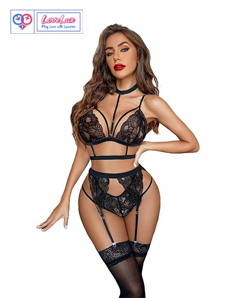 Bra & Panty Set Self Design Black Lingerie Set