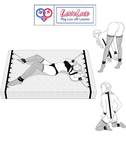 2 in 1 bed bondage kit with adjustable cuffs, collar, and bed straps for couples India by LoveLuxToys.com
